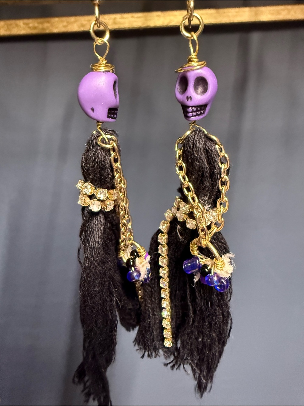 Handmade Purple Skull Tassel Earrings Rhinestone Chain Drop Halloween